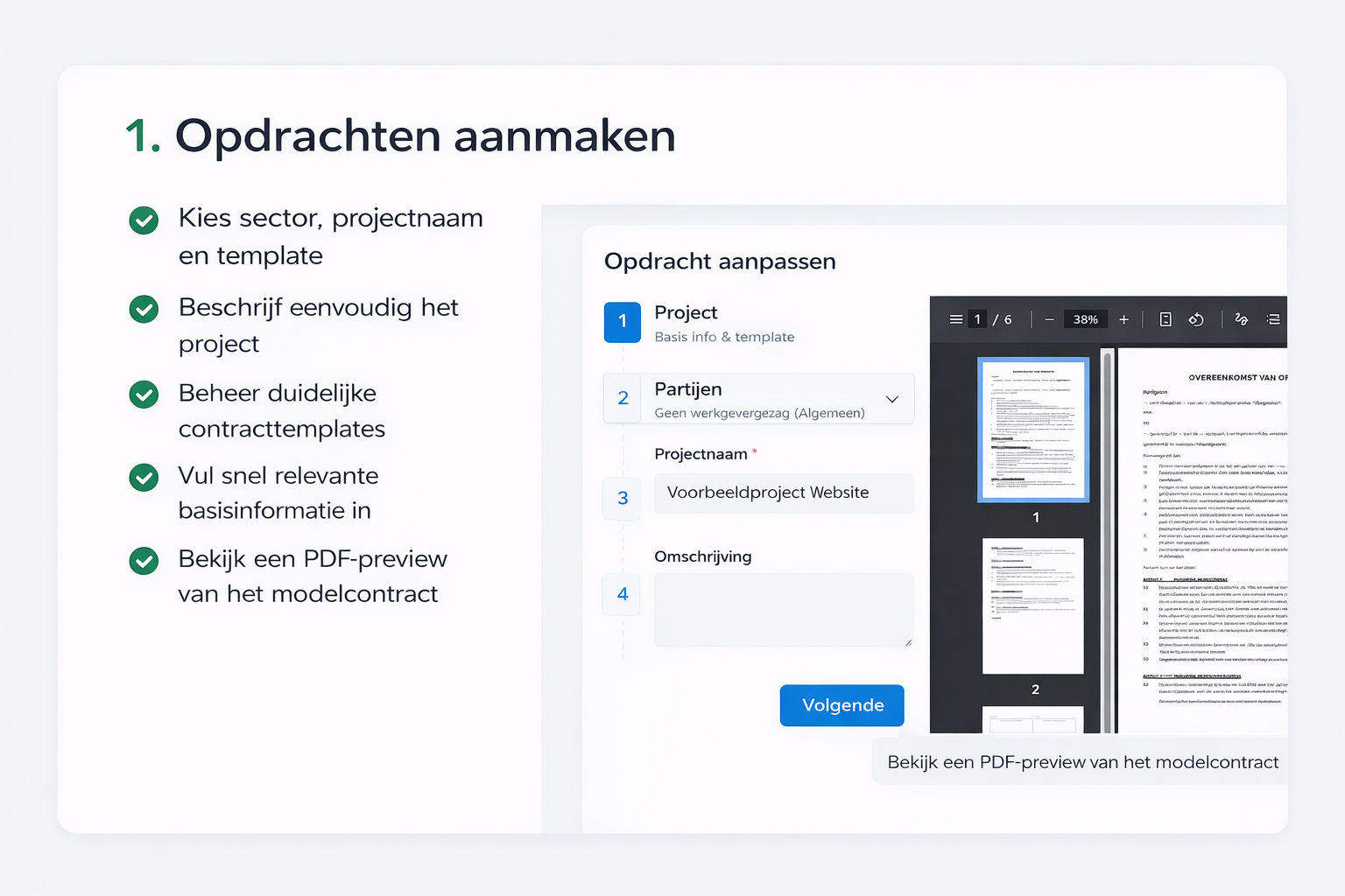 DBA Tool scherm voor opdrachten aanmaken met projectinformatie, templates en een PDF-preview van het modelcontract.