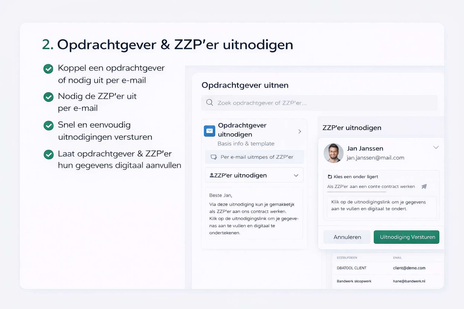 DBA Tool scherm voor het uitnodigen van opdrachtgever en ZZP'er per e-mail binnen dezelfde opdrachtworkflow.